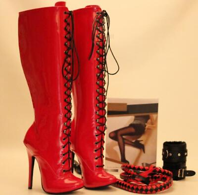 #ad Womens Club Bar Shoes Pumps High Heels Fashion Round Toe Lace Up Red Knee Boots $121.34