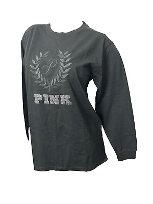#ad Victoria#x27;s Secret Pink Cotton Long Sleeve Rhinestone Crew Neck Black Shine New $40.49