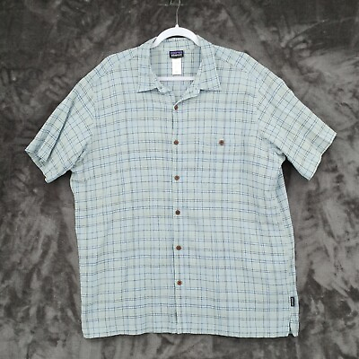 #ad Patagonia Mens 2XL Organic Cotton Light Blue Plaid Shortsleeve Lightweight Shirt $29.99