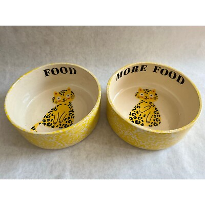 #ad Set Of 2 Handmade Wheel Thrown Ceramic Pet Bowls Dishes Featuring Cheetahs $50.00