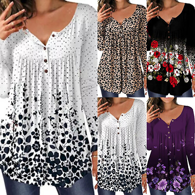 #ad Womens Casual Floral Printed V Neck Tunic Tops Ladies Winter Inner Blouses Tops $19.19