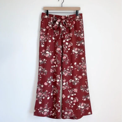 #ad Torrid Plus Size Maroon Floral Belted Wide Leg Crepe Pants $26.00