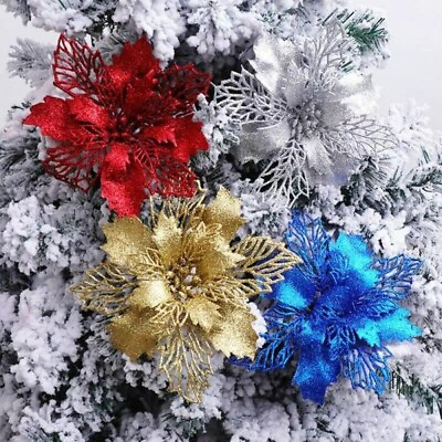 #ad 10Pcs Glitter Christmas Poinsettia Hanging Flowers Xmas Party Tree Decoration US $6.57