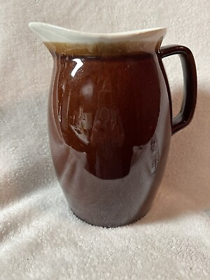#ad ANTIQUE? HULL? Brown w white Trim Pottery quot;Oven Proof USAquot; Milk Pitcher 9 x4.5 $99.99
