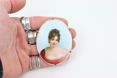 #ad HUGE 2.5quot; Hand Painted Porcelain Cameo Brooch Woman Victorian Revival Antique $69.95
