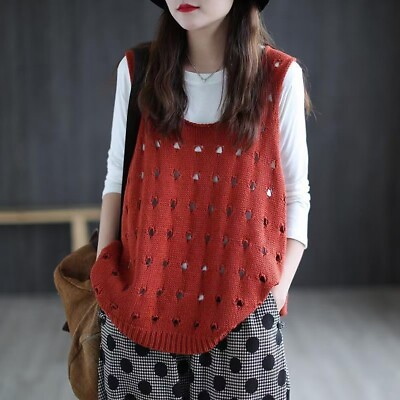#ad Women Knitted Waistcoat Hollow Sweater Ethnic Vest Sleeveless Pullover Jumper $19.30