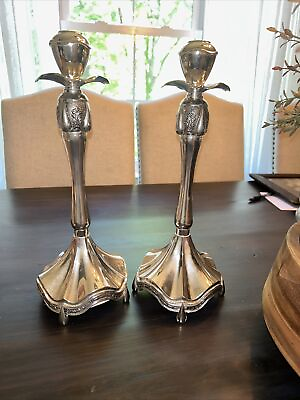 #ad Vintage Unique Floral Artsy candlesticks silver plated footed Vases 14 In $59.95