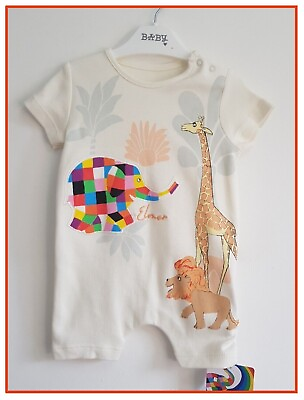 #ad Baby Elmer Patchwork Elephant 0 3m Cream Romper Suit Short Leg All In One NEW GBP 10.99