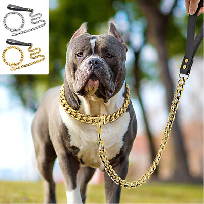 #ad Dog Gold Chain Collar and Leash Set Luxury Cuban Link Heavy Duty Stainless Steel $95.99