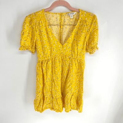 #ad Miss Selfridge Women’s Yellow Floral Print V Neck Mini Tea Dress Size 4 $26.00