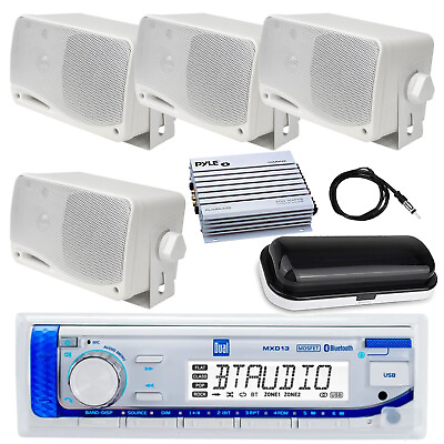 #ad Marine Receiver 4x 3.5#x27;#x27; Indoor Outdoor White Speakers Cover Amp 22quot; Antenna $190.49