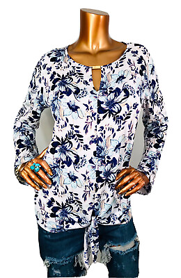 #ad Ellen Tracy L Top Stretch Soft Floral Tie Hem Front Logo Keyhole Blouse Shirt ET $18.99