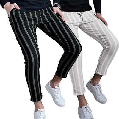 #ad Men Fashion Stripes Slim Cotton Mid Rise Drawstring Straight Boot Cut Pants $50.92