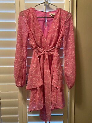 #ad Japna Pink Long Sleeve V Neck Mini Dress Tie Front Size Small Free Shipping $14.99