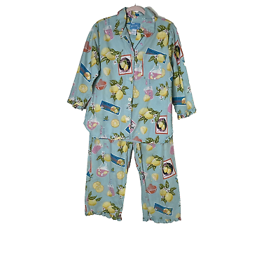#ad Nick amp; Nora Sleepwear 100% Cotton Lemonade Pajama Set Womens Size M Green Blue $49.99