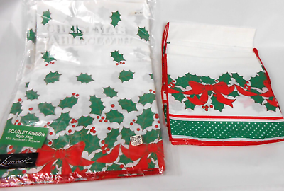 #ad Vintage Leacock Scarlett Ribbon Christmas Tablecloth and 6 Napkins Set 52x70 $30.09
