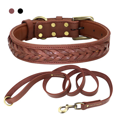 #ad Genuine Leather Dog Collar and Matching Leash set Braided Strong for Large Dogs $37.49