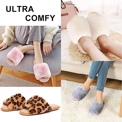 #ad Women#x27;s Fuzzy Fur Slippers Soft Comfy Open Toe Slide Slippers Cozy Memory Foam $12.99