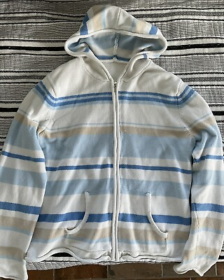#ad Blue White And Tan Long Sleeve Zip Up Jacket Striped Design Size Small $8.50