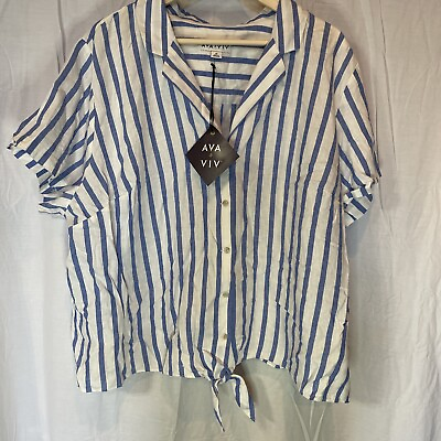 #ad NWT AVA and VIV 3X Blue White Stripe Camp Front Tie Linen Blend Top Size NEW $19.94
