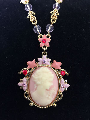 #ad New Vintage Style Cameo Pink Floral Oval Crystals Charm Chain Necklace BR1124 $3.99