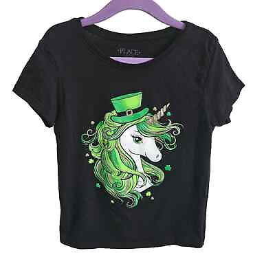 #ad Children#x27;s Place Girls Size S Irish Unicorn Graphic Tee Shirt Black Short Sleeve $10.00