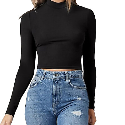 #ad Womens Sleeve Turtleneck Long T Shirt Solid Color Slim Fit Crop Top Basic Shirt $18.99