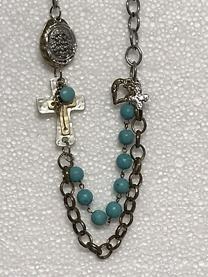 #ad Handmade CROSS Necklace Turquoise Beads amp; Charms Heart 26” Chain Pendant $15.00