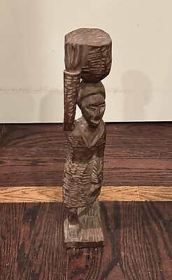 #ad African Sculpture Ebony Wooden Hand Carved Woman Basket Beautiful $27.00
