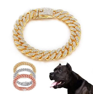 #ad Luxury Dog Cuban Chain Gold Shining Rhinestones Collar Pitbull Necklace Choker $12.99