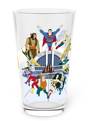 #ad Super Friends Pint Glass 16oz Hall of Justice Superman Wonder Twins Gleek $21.99
