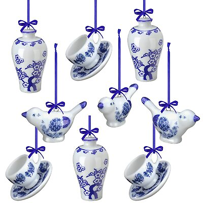 #ad 9 Pcs Easter Hanging Eggs Chinoiserie Ornaments Porcelain Blue $21.99