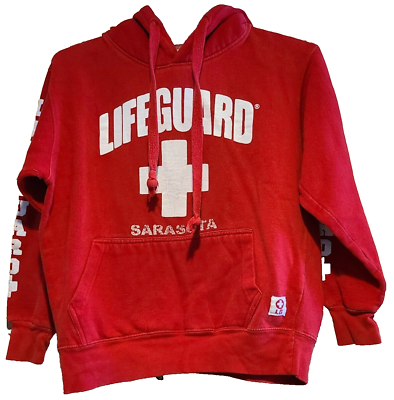 #ad Vintage Lifeguard Hoodie Sweatshirt Size Small Red Sarasota Florida Beach $18.99