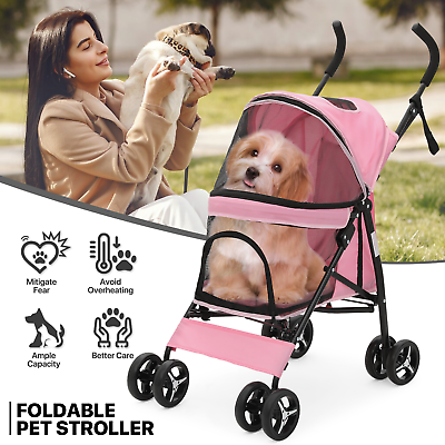 #ad Pink Foldable Dog Stroller Adjustable Canopy Breathable Pet Travel Carrier Cart $54.99