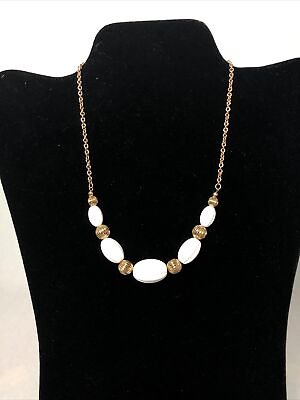#ad Women’s 14” Gold Tone White Acrylic Chunk Bead Necklace W Gold Accents. Fashion $10.00