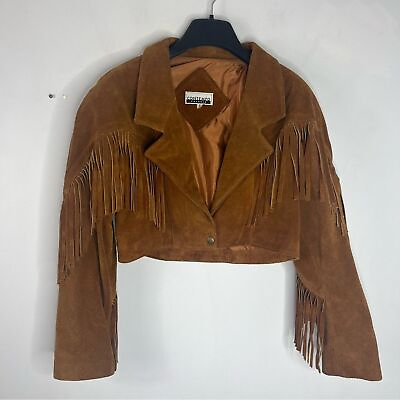 #ad Vintage Contempo Women#x27;s Medium Leather Suede Cropped Fringe Western Jacket $45.00