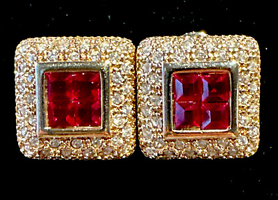 #ad Vintage Park Lane Pierced Earrings Red crystals clear CZ gold tone square $12.59
