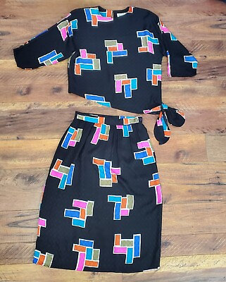 #ad Vintage Argenti 100% Silk 2 Pc Color Block Skirt Suit Size 10 $26.00