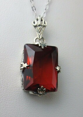 #ad Art Deco Sim Red Ruby Sterling Silver Pendant Filigree Necklace Custom #P15 $69.99