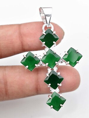 #ad Green Emerald 925 Sterling Silver Gemstone Jewelry Unique Cross Pendant S 2.50quot; $13.99