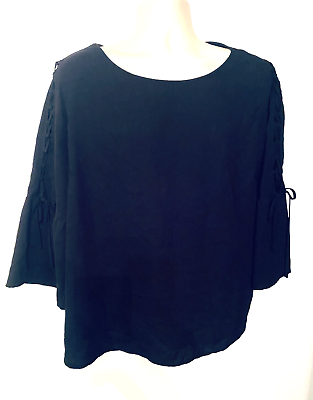 #ad Time amp; Tru Boho Top 3X 22 Plus Sz Women Lace Up Bell Sleeves Black Pullover $10.77