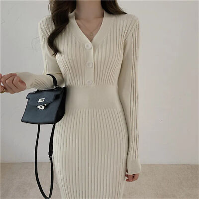 #ad Woman#x27;s Knitted Autumn Winter Dress V Neck Women Sweater Dress New Clothes $24.33