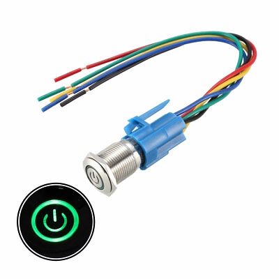 #ad Momentary Metal Push Button Switch 16mm Mounting 1NC NO 12V Green LED w Plug AU $17.99