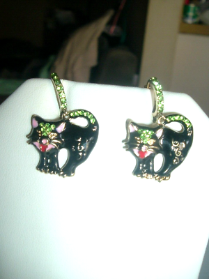 #ad #ad MULTICOLOR Black CATS Green Crystal HOOPS Betsey Johnson Pierced EARRINGS NWT $23.94