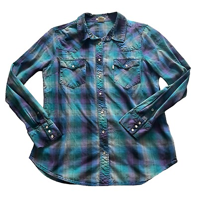 #ad Levi#x27;s Western Pearl Snap Style Plaid Button Down Purple Blue XL $25.00