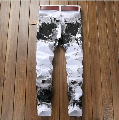 #ad Mens Fashion White Black Straight Leg Jeans Printed Comfort Denim Pants GBP 31.99