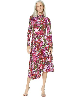 #ad MAGGY LONDON Multi Print Roll Collar Asymmetric Pleated Long Sleeve Dress 16 US $134.25