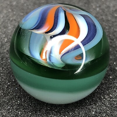 #ad Handmade Art Glass Marble 1.17quot; Orange Blue Twist Green Backing Contemporary MIB $23.99