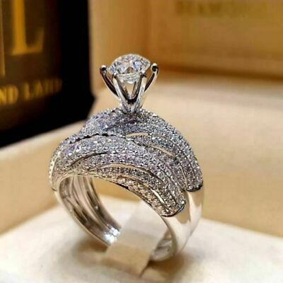 #ad Fashion Women Silver Plated Wedding Set Rings Round Cut Siz 5 12 Simulated glass $3.94