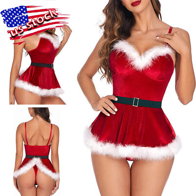 #ad US Women#x27;s Christmas Lingerie Velvet Babydoll Bodysuits Santa Mrs Claus Costume $13.24
